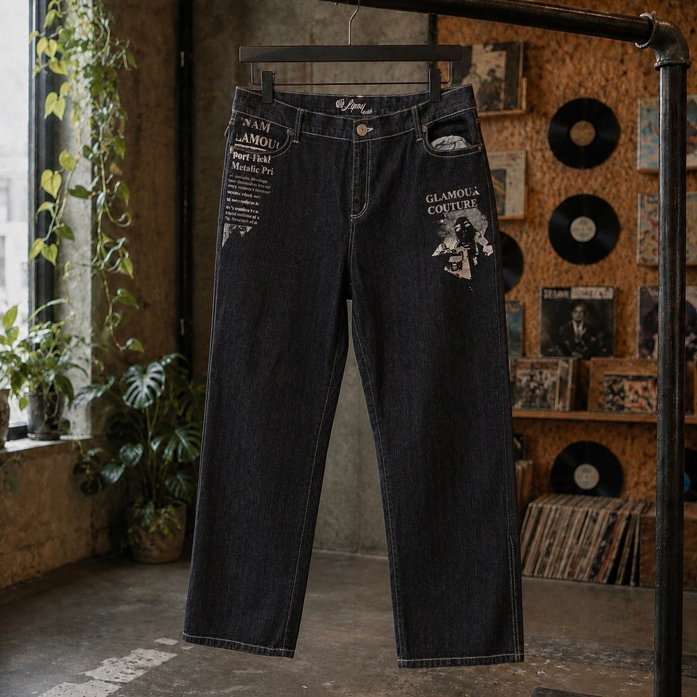 Lipsy Stretch Glamour Couture Graphic Jeans Washed Black Y2K Streetwear‎ Size 24